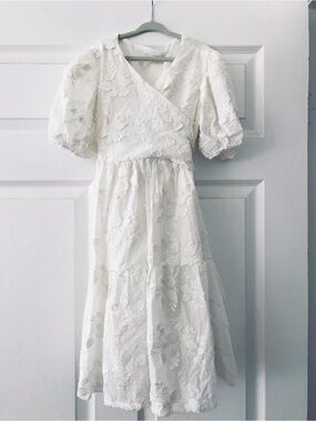 Zara White Floral Embroidered Wrap Girl Dress with Puff Sleeves